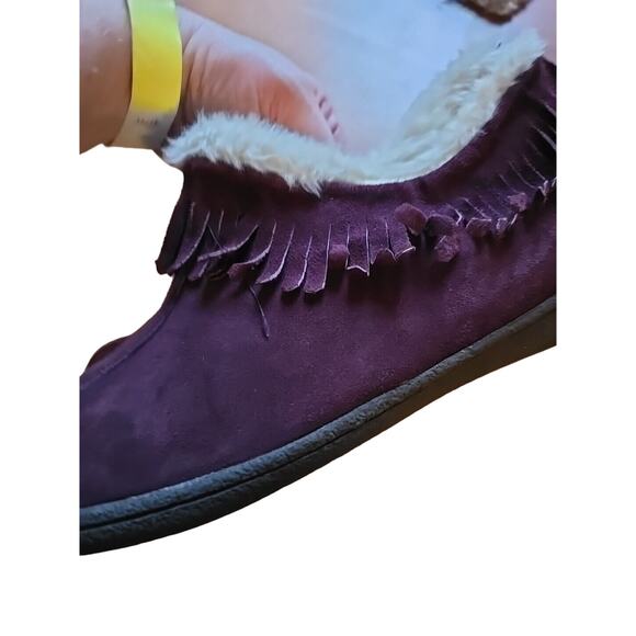 Clarks Purple Leather Faux Fur Lined Fringe Slip On Slippers Womans Size 9M - Picture 4 of 8